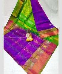 Purple and Parrot Green color uppada pattu handloom saree with all over buties and checks with kaddi border design -UPDP0021190