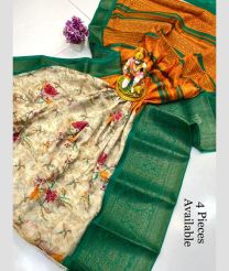 Cream and Pine Green color Chenderi silk handloom saree with printed saree design -CNDP0013740