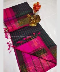 Black and Pink color Tripura Silk handloom saree with all over mahanati checks with pochampally border design -TRPP0008039