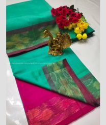 Turquoise and Pink color Tripura Silk handloom saree with pochampally border design -TRPP0008569