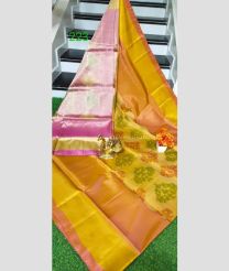 Baby Pink and Yellow color Uppada Soft Silk handloom saree with pochampalli design -UPSF0004104