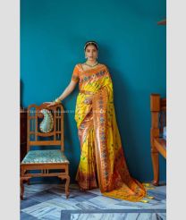 Mango Yellow and Peach color Banarasi sarees with patola type border design -BANS0018850