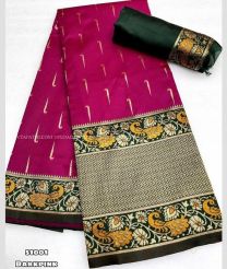 Magenta and Black color Kora handloom saree with thread weaving with contrast peacock weaving border design -KORS0000089