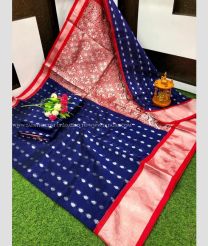 Navy Blue and Red color Chenderi silk handloom saree with all over buties with kaddi border design -CNDP0016265