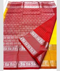 Yellow and Red color venkatagiri pattu handloom saree with all over silver checks and buties design -VAGP0000743