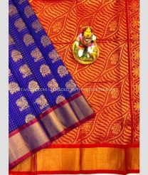 Blue and Red color Kollam Pattu handloom saree with all over checks and buties design -KOLP0001014