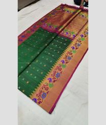 Pine Green and Magenta color gadwal pattu handloom saree with all over buties with paithani broder design -GDWP0001349
