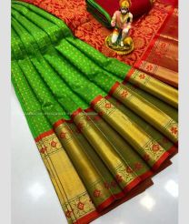 Parrot Green and Red color kuppadam pattu handloom saree with all over checks and buties design -KUPP0096747