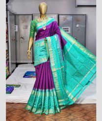 Purple and Turquoise color pochampally ikkat pure silk handloom saree with all over buties saree design -PIKP0015997
