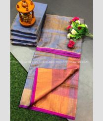 Bluish Grey and Pink color Uppada Tissue handloom saree with plain with big border design -UPPI0001268