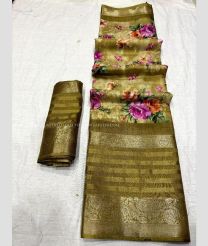 Olive color silk sarees with all over floral printed with heavy jacquard 9 inch border design -SILK0017420