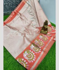 Baby Pink and Copper Red color linen sarees with all over embroidery hand work buties with tissue border design -LINS0003574