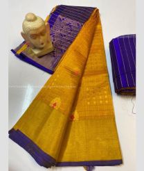 Mustard Yellow and Blue color Kollam Pattu handloom saree with all over checks and buties sarees design -KOLP0000664