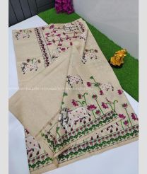 Lite Brown color linen sarees with all over pichwai printed design -LINS0002966