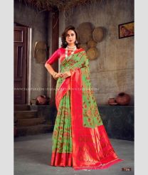 Green and Red color Banarasi sarees with menakari  with rich pallu with fancy jequard weaving blouse design -BANS0002860