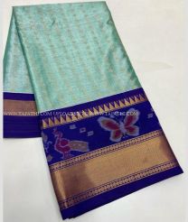 Turquoise and Blue color Chenderi silk handloom saree with all over buties with pochampally kanchi border saree design -CNDP0011153