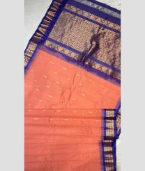 Copper and Purple Blue color gadwal cotton handloom saree with all over buties with temple kuthu interlock woven border design -GAWT0000148