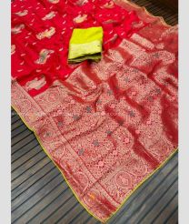 Red and Acid Green color Banarasi sarees with jaipuri hand daying design -BANS0018783