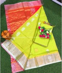 Red and Acid Green color Chenderi silk handloom saree with all over buties with silver border design -CNDP0015014