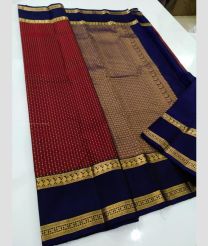 Maroon and Navy Blue color kanchi pattu handloom saree with all over button buties with unique pattern border design -KANP0013609