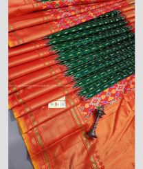 Pine Green and Orange color pochampally ikkat pure silk handloom saree with handmade designer bone checks and ikkat handmade jaquard border -PIKP0021388