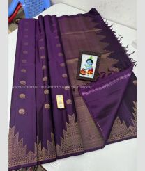 Plum Purple color soft silk kanchipuram sarees with all over gold jari buties with one side temple gold jari border design -KASS0000961