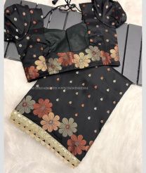 Black color silk sarees with all over copper and golden buties with flower panel woven buties design -SILK0017401
