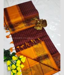 Orange and Maroon color Tripura Silk handloom saree with all over mahanati checks with pochampally border design -TRPP0008036