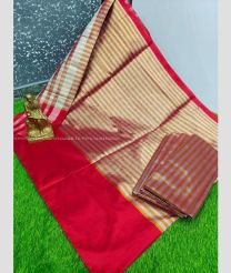 Cream and Red color Uppada Tissue handloom saree with all over zibra lines with big silk border design -UPPI0001529