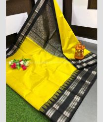 Yellow and Black color kuppadam pattu handloom saree with plain with special kanchi pletu temple border design -KUPP0084935