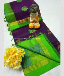 Plum Purple and Parrot Green color Tripura Silk handloom saree with all over buties design -TRPP0007972