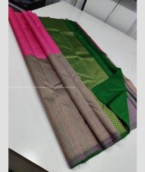 Pink and Green color kanchi pattu handloom saree with plain with 1g jari half brocade pattern border design -KANP0013059