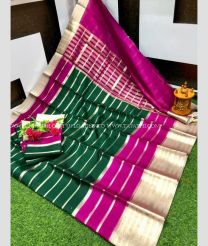 Pine Green and Magenta color Kora handloom saree with all over stripes design -KORS0000133