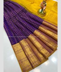 Purple and Yellow color kuppadam pattu handloom saree with all over checks and buties design -KUPP0096745