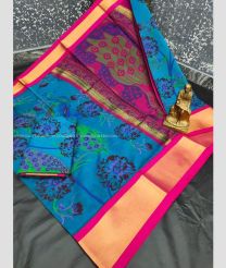 Blue Ivy and Pink color Uppada Soft Silk handloom saree with all over peacock printed design -UPSF0004042