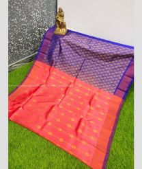 Coral Pink and Purple Blue color Uppada Tissue handloom saree with all over buties design -UPPI0001577