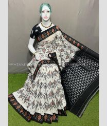 Half White and Black color pochampally Ikkat cotton handloom saree with all over pochampally ikkat design -PIKT0000525