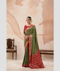 Mehendi Green and Red color silk sarees with foil print saree design -SILK0003507