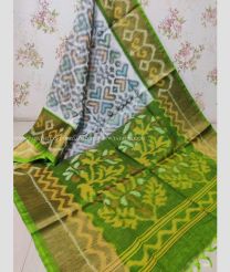 Half White and Green color Ikkat sico handloom saree with pochampalli ikkat design -IKSS0000321