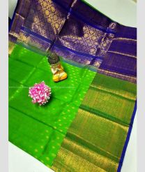 Parrot Green and Royal Blue color kuppadam pattu handloom saree with all over buties with kanchi border design -KUPP0096730