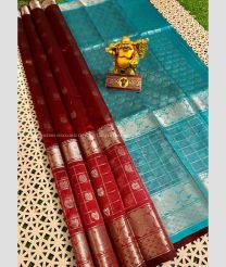 Red and Turquoise color mangalagiri sico handloom saree with all over silver jari checks and buties with kanchi border design -MAGI0000219