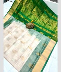 Cream and Green color uppada pattu sarees with all over buttas design -UPDP0022025