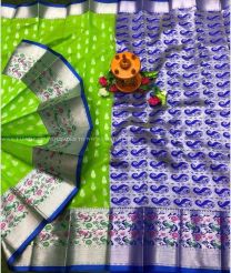 Parrot Green and Royal Blue color Chenderi silk handloom saree with all over silver buties with paithani border design -CNDP0016072