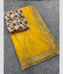 Yellow and Cream color Chiffon sarees with all over leheriya work with cut work sequence border design -CHIF0001844