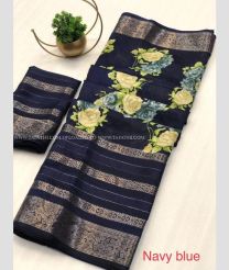 Dark Navy Blue color silk sarees with all over printed with 12 inch and jacquard border design -SILK0017525