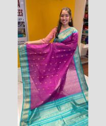 Magenta and Turquoise color gadwal cotton sarees with temple kuttu border design -GAWT0000318