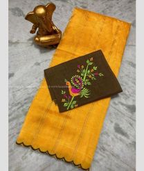 Mango Yellow and Chocolate color mangalagiri pattu sarees with all over lines work design -MAGP0026641