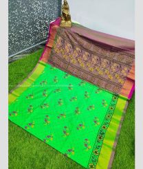 Parrot Green and Lite Brown color Uppada Soft Silk handloom saree with all over printed design -UPSF0004156