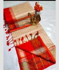 Cream and Red color Tripura Silk handloom saree with all over mahanati checks with pochampally border design -TRPP0008047