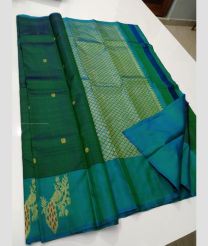 Dark Green and Blue Turquoise color kanchi pattu handloom saree with all over buties design -KANP0013723